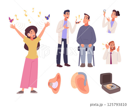 Hearing aid. Concept medical pictures with deaf people in social activity exact vector healthcare problems of ear otolaryngology illustratioons 125793810
