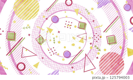 大きな円と図形や模様が並ぶメンフィス風の背景/透過背景 - レッド 125794003