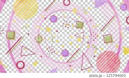 大きな円と図形や模様が並ぶメンフィス風の背景/透過背景 - レッド 125794003