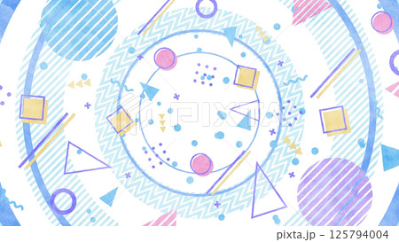大きな円と図形や模様が並ぶメンフィス風の背景/透過背景 - ライトブルー 125794004