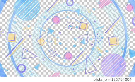 大きな円と図形や模様が並ぶメンフィス風の背景/透過背景 - ライトブルー 125794004