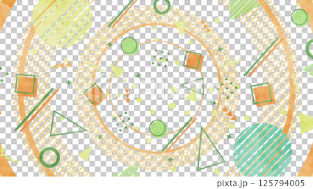 大きな円と図形や模様が並ぶメンフィス風の背景/透過背景 - オレンジ 125794005