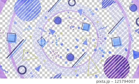 Memphis-style background with large circles and shapes and patterns / transparent background - blue 125794007