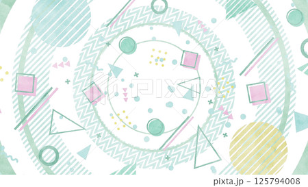大きな円と図形や模様が並ぶメンフィス風の背景/透過背景 - ミントグリーン 125794008