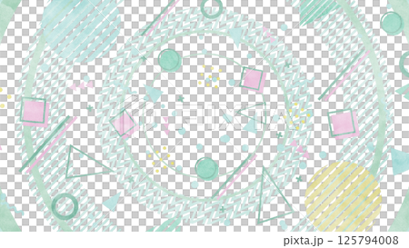 大きな円と図形や模様が並ぶメンフィス風の背景/透過背景 - ミントグリーン 125794008