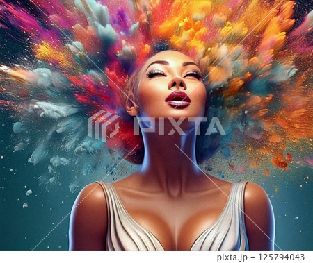 Confident woman with vibrant paint explosion behind her head, symbolizing creativity, imagination, and empowerment against a dark background. 125794043