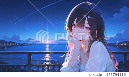 月夜のデート　微笑む女性 125794116