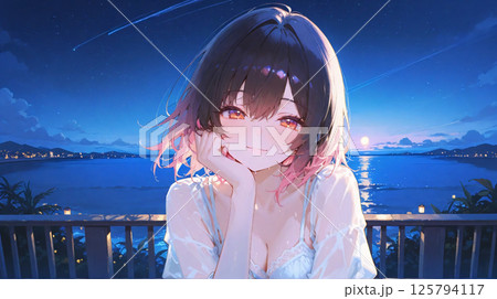 月夜のデート　微笑む女性 125794117