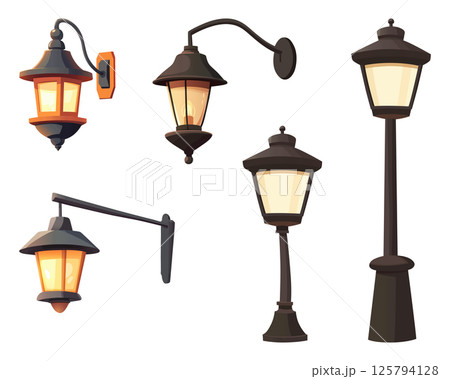 Cartoon vector image displaying various vintage style outdoor lamps, including wall-mounted and standing options, with warm illuminating glow. 125794128