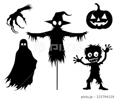 Spooky Halloween silhouettes: pumpkin, ghost, scarecrow, zombie and claw hand. Ideal for Halloween decorations and party invitations. 125794129