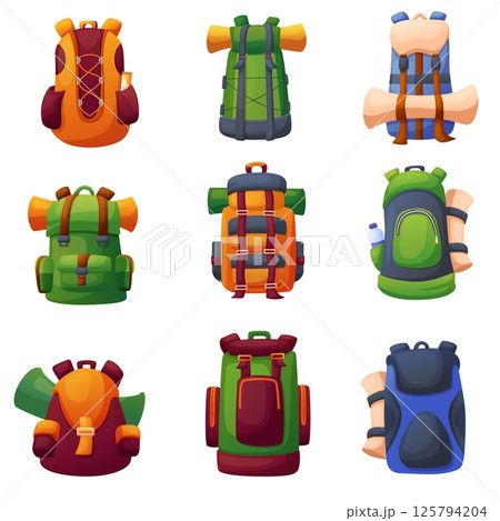 Hiking backpack. Travel bags, camping tourism backpacks or knapsack with mat roll, snack, water bottle. Touristic adventures accessories, nowaday vector clipart 125794204