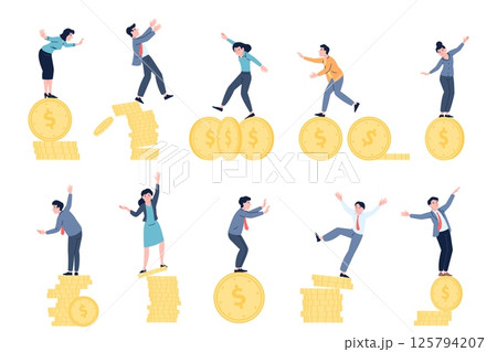 Financial instability. Balancing on money coins, business and investments risks. Economic imbalance, keep balance in hard time, recent vector illustration 125794207