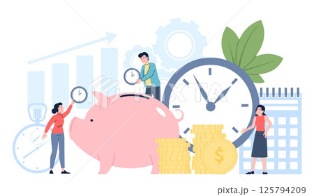 Time saving concept. Save time and save money metaphor. Business people with alarm clock, deadline, working process. Planning and management, recent vector scene 125794209