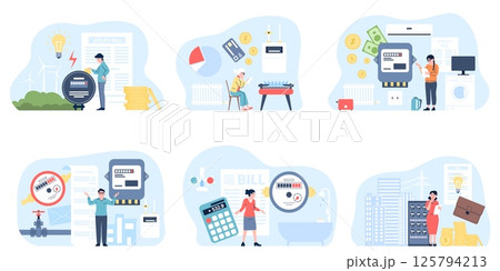 Utilities paying. Household payments for gas electricity water and house service. People surprised and sad with bills for resource, recent vector scenes 125794213