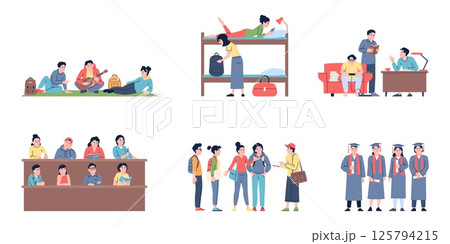 Life in college. Students lifestyle, studying with friends and leisure. Exam preparation, communication, sillint in lecture class, graduation, recent vector scene 125794215