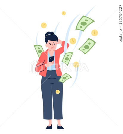 Woman with smartphone in flow of flying money out. Financial instability and illiteracy, shopaholism, paying bills or taxes, vector character Woman with smartphone in flow of flying money out. Financial instability and illiteracy, shopaholism, paying bills or taxes, vector character 125794227