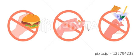 Prohibition signs. Stop eating fast food, drinking alcohol and smoke. Difference prohibitions stickers, no food and drinks, no cigarettes, vector set Prohibition signs. Stop eating fast food, drinking alcohol and smoke. Difference prohibitions stickers, no food and drinks, no cigarettes, vector set 125794238
