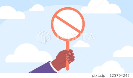 Hand holding empty prohibition sign. Crossed out circle, prohibitions. No entry, stop smoking, eating fast food or drink alcohol. Cartoon vector background Hand holding empty prohibition sign. Crossed out circle, prohibitions. No entry, stop smoking, eating fast food or drink alcohol. Cartoon vector background 125794245