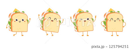 Funny sandwiches characters. Isolated cute burger with cheese, bread slices, green salad and sauce. Tasty lunch or dinner, evening food vector clipart 125794251