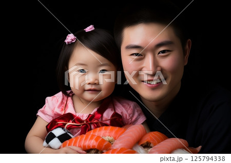 Multinational Family Bonding over Exquisite Sushi Delights in a Warm and Inviting Sushi Bar 125794338