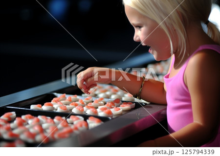 Happy little girl enjoying herself while choosing delicious sushi at a sushi bar 125794339