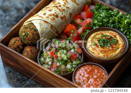 Falafel wrap, tabbouleh salad and hummus dip in a wooden lunch box. Middle Eastern lunch box. 125794548