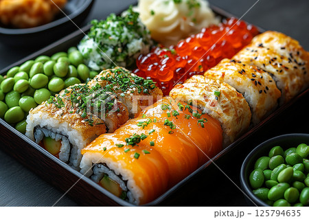 Homemade Bento lunch box. Japanese style bento box featuring sushi rolls, edamame, tamagoyaki and pickled vegetables. 125794635