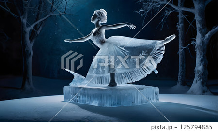 winter themed ice sculpture featuring a dancing ballerina frozen in motion, elegant pose under moonlight in vintage film tone 125794885