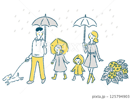 雨の日に家族で犬の散歩をする手描き風イラスト 雨の日に家族で犬の散歩をする手描き風イラスト 125794903