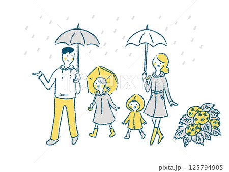 雨の日に家族で散歩する手描きイラスト 125794905