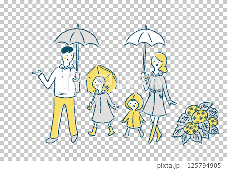 雨の日に家族で散歩する手描きイラスト 125794905