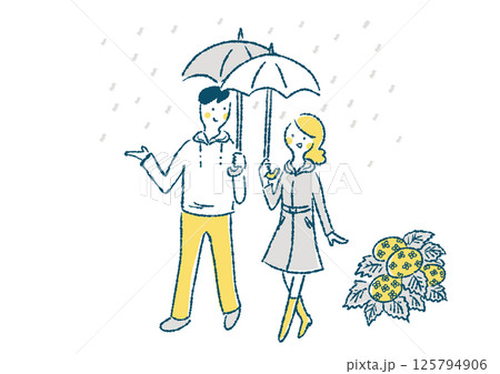 傘をさして雨の中を歩くカップルの手描きイラスト 125794906