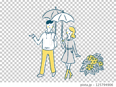 傘をさして雨の中を歩くカップルの手描きイラスト 125794906