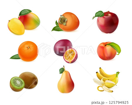 Realistic fruits. 3d isolated fruit, apple peach mango pear banana kiwi healthy food summer ripe sweet juicy ingredient fruity organic diet nutrition set exact vector illustration 125794925