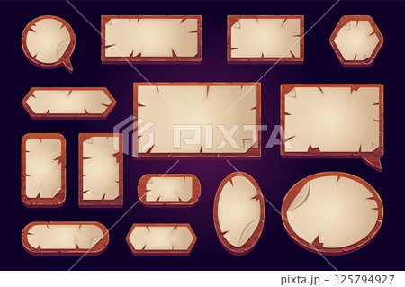 Wood paper ui. Wooden board with old papers parchment for cartoon adventure game menu, speech bubble text box frame medieval plank sign panel elements, swanky vector illustration 125794927