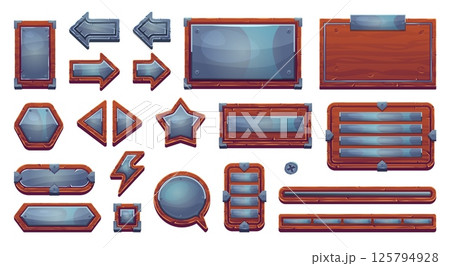Wood metal game interface. Wooden nameplates with iron rivets frames, medieval rpg game ui elements cartoon plates button panels arrows sign, gaming menu swanky vector illustration 125794928
