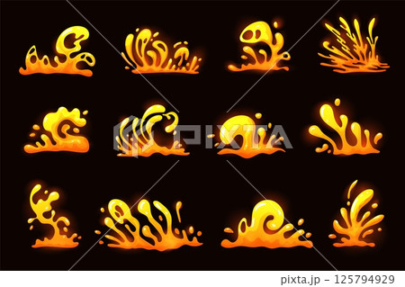 Lava splashes. Volcano eruption fire magma explosion effect, 2d video game vfx animation volcanic liquid wave splashes magic flame burst, cartoon hell swanky vector illustration 125794929