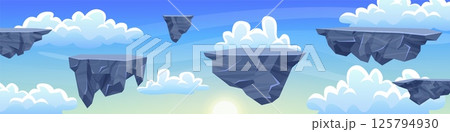 Game stone platforms. Rock piece floating in cloud sky adventure mobile video gaming level background, stones islands flying ground platform rocky map, swanky vector illustration 125794930