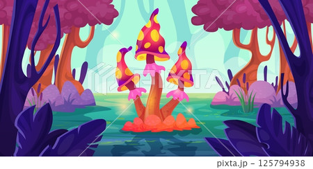 Fantasy mushroom in swamp. Magic fungus at space alien forest, unusual mushrooms plants fairy tale nature game landscape cartoon book background, swanky vector illustration Fantasy mushroom in swamp. Magic fungus at space alien forest, unusual mushrooms plants fairy tale nature game landscape cartoon book background, swanky vector illustration 125794938