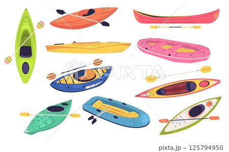 Kayak boats. Different boats kayaking sport equipment, canoe paddle oars river lake rafting water ship rowing competition gear, cartoon set isolated classy vector illustration Kayak boats. Different boats kayaking sport equipment, canoe paddle oars river lake rafting water ship rowing competition gear, cartoon set isolated classy vector illustration 125794950
