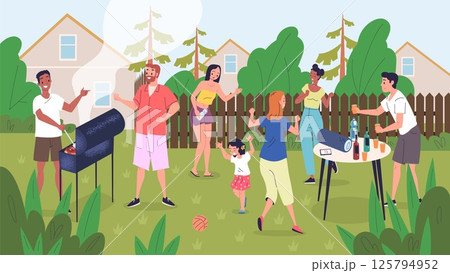 People bbq party. Family barbecue on backyard garden, neighbors friends cooking grill food meat outside picnic summer park outdoor lunch weekend leisure, classy vector illustration People bbq party. Family barbecue on backyard garden, neighbors friends cooking grill food meat outside picnic summer park outdoor lunch weekend leisure, classy vector illustration 125794952