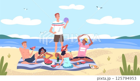 People beach picnic. Friends eat food on blanket at sand sea shore, lunch in seaside nature happy man woman summer relax in coast seashore rest chill, classy vector illustration 125794953