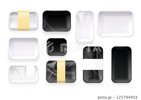 Food packaging trays. Plastic vacuum container for ready meals or frozen vegetables package mockup, styrofoam empty tray clear cellophane box, realistic exact vector illustration 125794958
