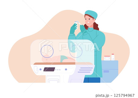 Neonatologist. Premature newborn intensive infant in incubator box neonatal hospital intensive care with pediatrician nurse, pediatric nicu neonatology room vector illustration 125794967