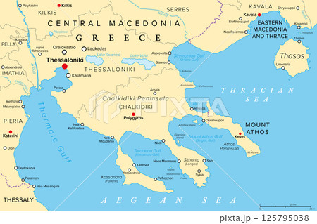 Thessaloniki and Chalkidiki, regional units of Greece, political map. Thessaloniki, 2nd-largest city in Greece, the large peninsula Chalkidiki in the Aegean Sea, and the autonomous Mount Athos region. 125795038