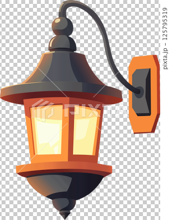 Classic wall-mounted light fixture shining brightly, illuminating the dark. A vintage, inviting, and decorative outdoor wall lamp. Classic wall-mounted light fixture shining brightly, illuminating the dark. A vintage, inviting, and decorative outdoor wall lamp. 125795319