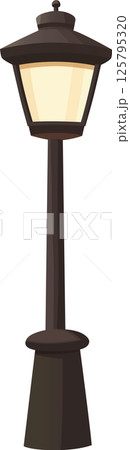 Cartoon-style vector illustration of a dark brown lamp post with a light yellow glow emanating from the lamp, against a plain dark background. Cartoon-style vector illustration of a dark brown lamp post with a light yellow glow emanating from the lamp, against a plain dark background. 125795320
