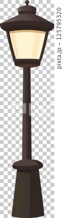 Cartoon-style vector illustration of a dark brown lamp post with a light yellow glow emanating from the lamp, against a plain dark background. Cartoon-style vector illustration of a dark brown lamp post with a light yellow glow emanating from the lamp, against a plain dark background. 125795320