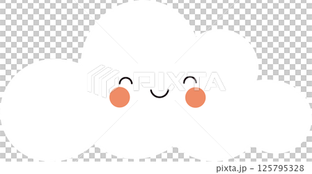 Cartoon illustration of a fluffy white cloud with a cheerful smiling face and rosy cheeks, set against a transparent background. 125795328