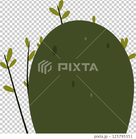 A stylized, moss-covered mound with sprigs of green leaves is presented against a black background in a cartoon style. A stylized, moss-covered mound with sprigs of green leaves is presented against a black background in a cartoon style. 125795351